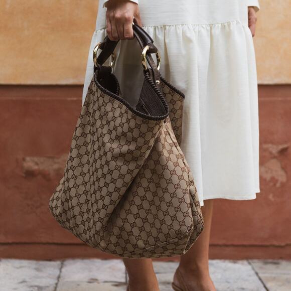 GUCCI Horsebit Y2K Hobo Large Bag Monogram GG Tan Beige Brown Canvas - Picture 8 of 10